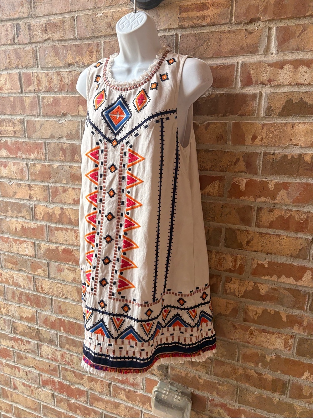 Anthropologie Cream Embroidered Tribal Shift Dress with Red & Blue Accents 12 - Picture 6 of 11